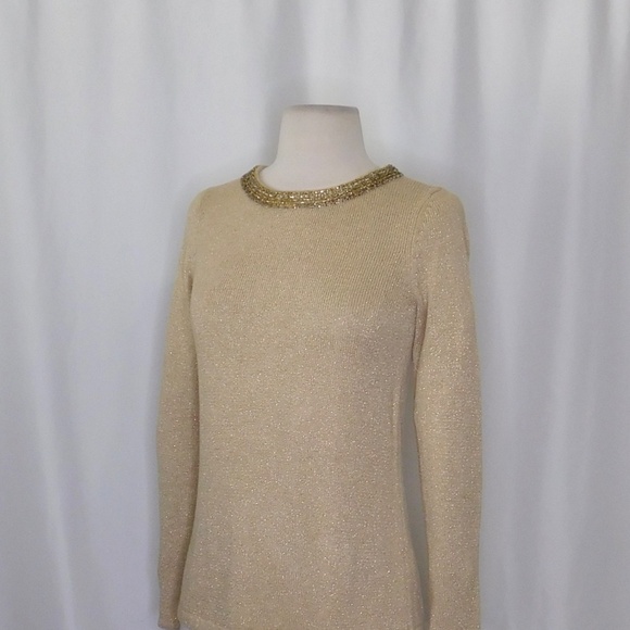 J. MCLAUGHLIN Metallic Gold Beaded Neckline Pullover Sweater Beading X-Small - Picture 6 of 11